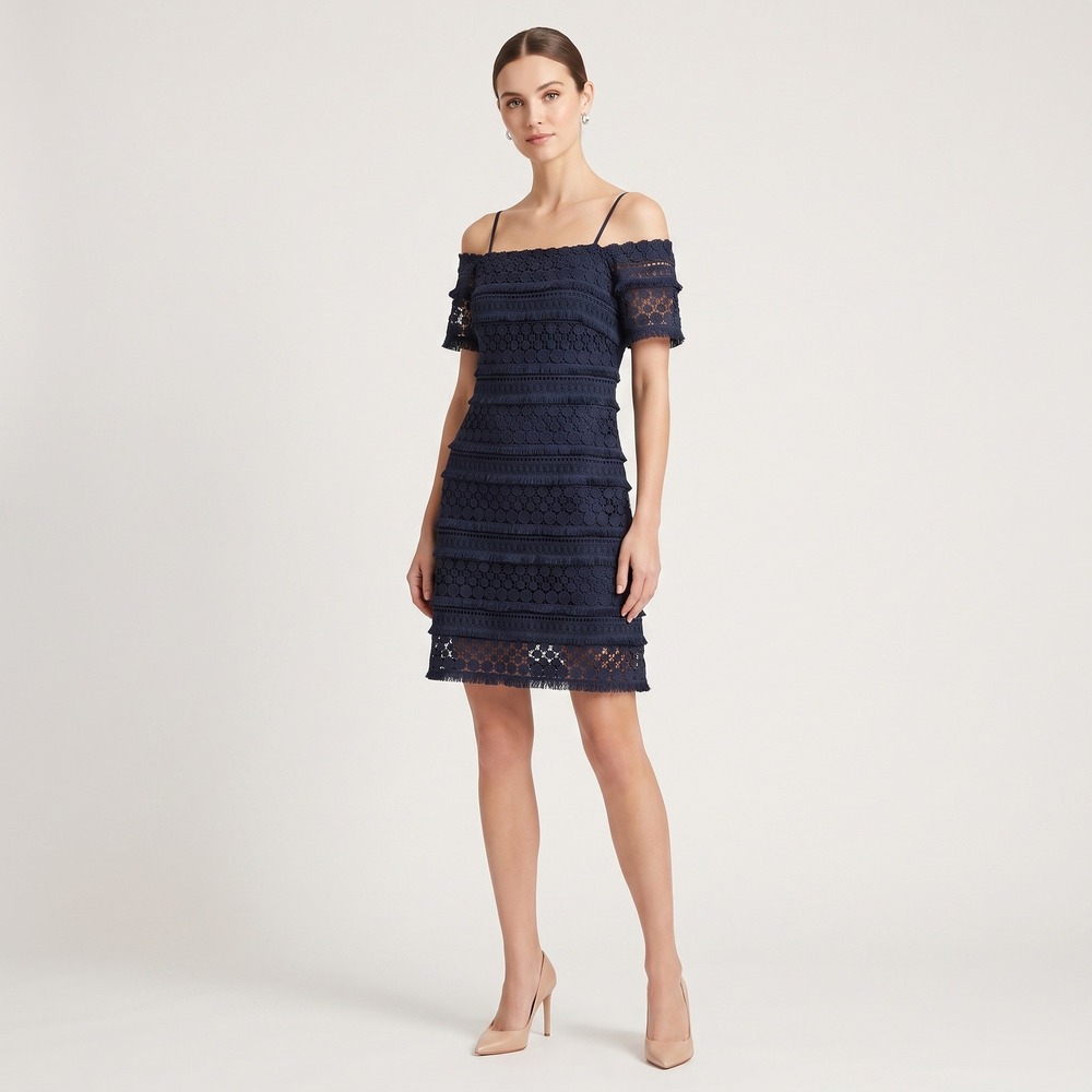 Tahari Arthur S Levine Lace Sheath Dress Women 4 Navy Blue Short Sleeve